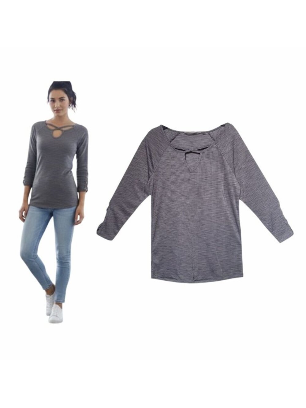 ⭐Harmony Sz S Basic Women Active top Grey textured 3/4 sleeve Criss Cross NEW⭐
